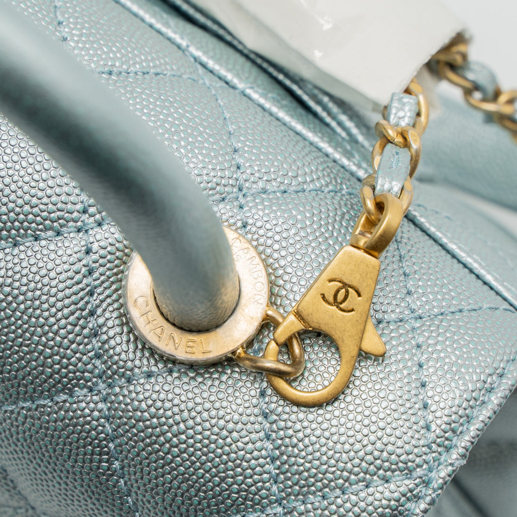 CHANEL SMALL COCO HANDLE CAVIAR METALLIC LIGHT BLUE BRUSHED GHW (MICROCHIP)