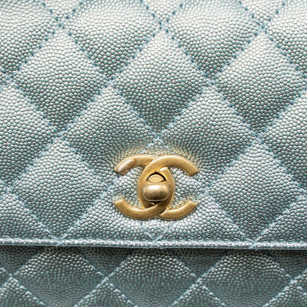 CHANEL SMALL COCO HANDLE CAVIAR METALLIC LIGHT BLUE BRUSHED GHW (MICROCHIP)
