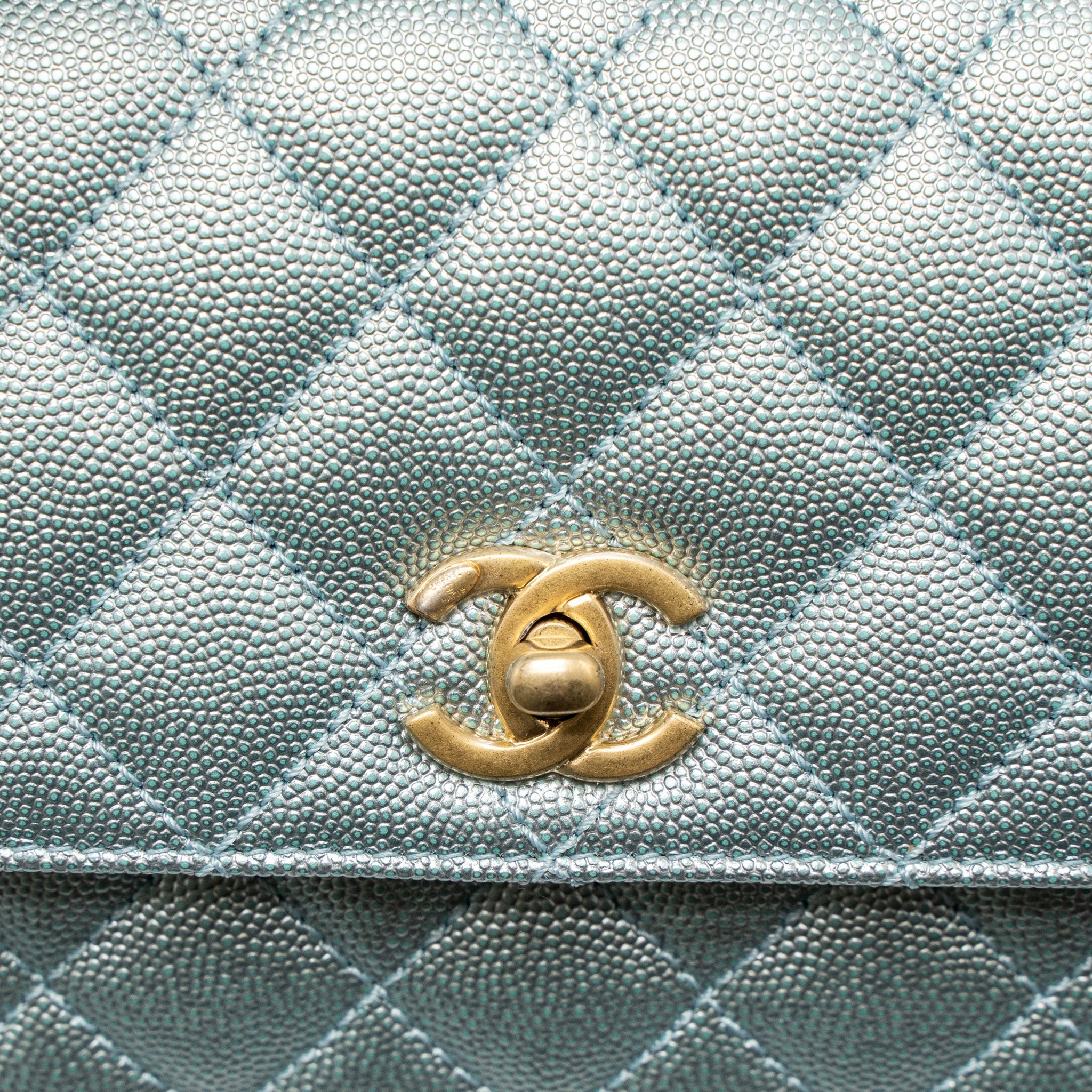 CHANEL SMALL COCO HANDLE CAVIAR METALLIC LIGHT BLUE BRUSHED GHW (MICROCHIP)