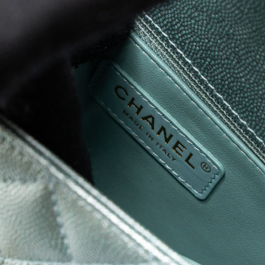 CHANEL SMALL COCO HANDLE CAVIAR METALLIC LIGHT BLUE BRUSHED GHW (MICROCHIP)
