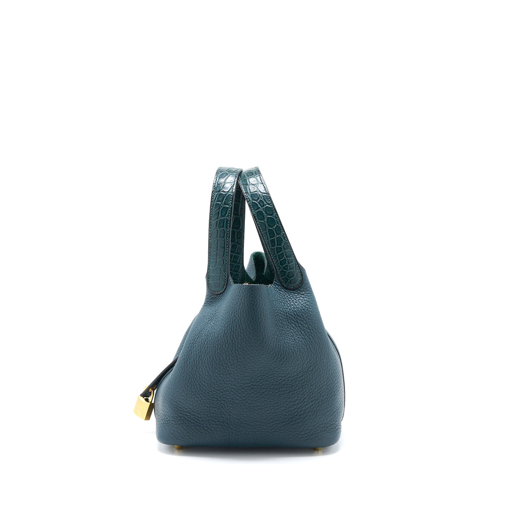 HERMES PICOTIN 18 TOUCH CLEMENCE ALLIGATOR MISSISSIPPIENSIS MAT VERT CYPRES GHW