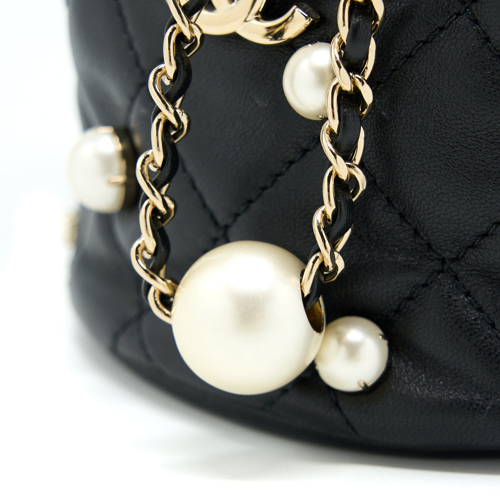 CHANEL MINI PEARLY BUCKET BAG WITH CHAIN LAMBSKIN BLACK LGHW