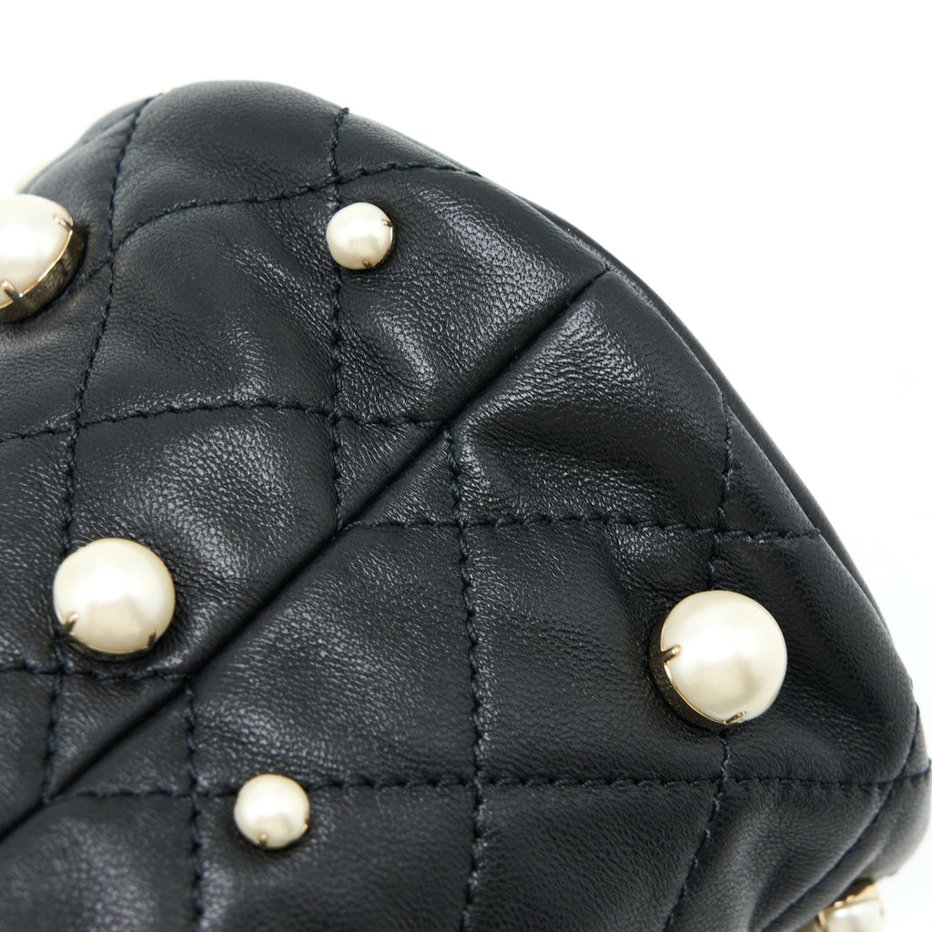 CHANEL MINI PEARLY BUCKET BAG WITH CHAIN LAMBSKIN BLACK LGHW