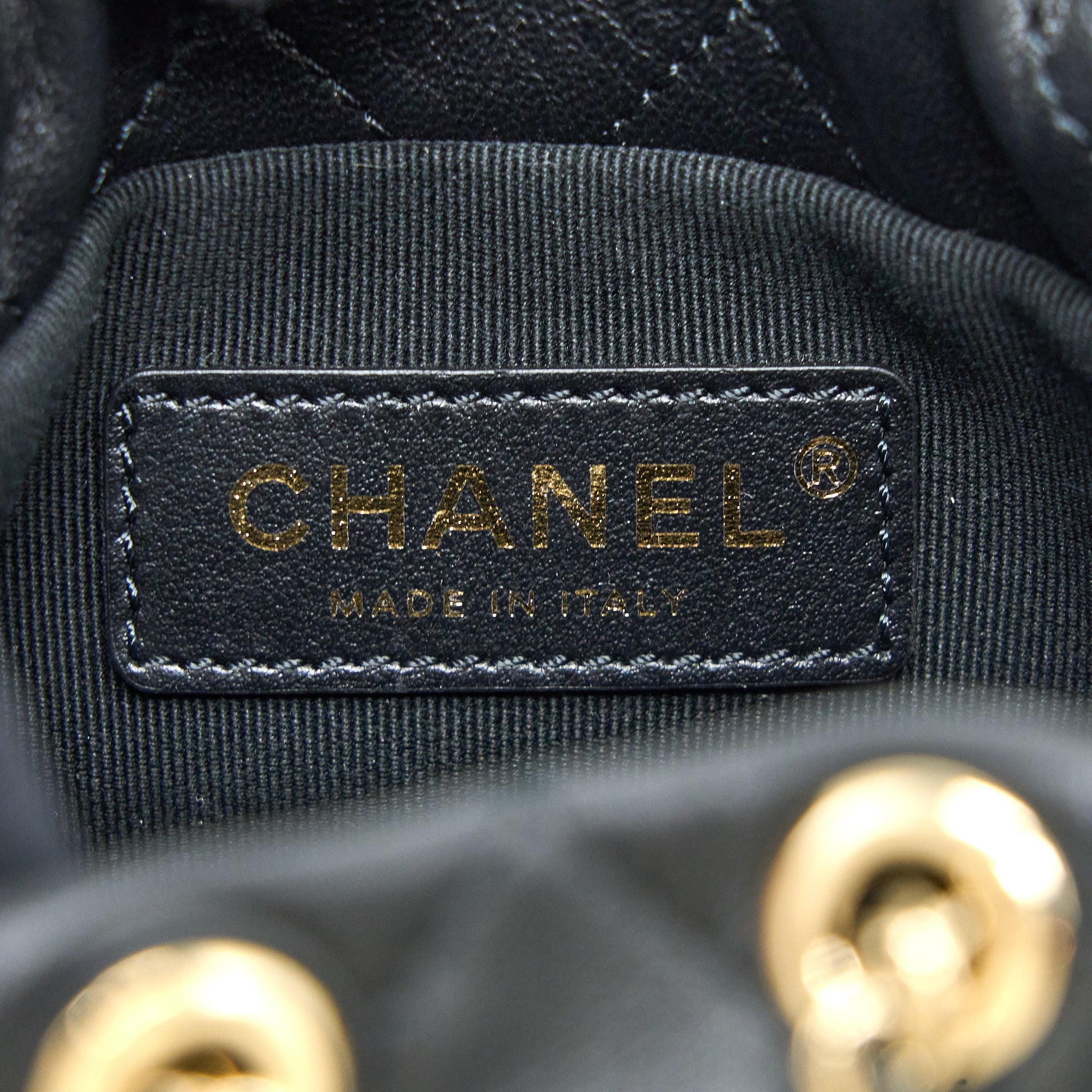 CHANEL MINI PEARLY BUCKET BAG WITH CHAIN LAMBSKIN BLACK LGHW
