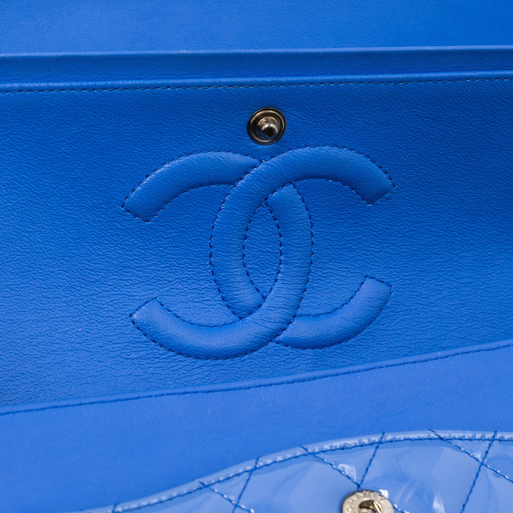CHANEL MEDIUM CLASSIC DOUBLE FLAP BAG PATENT LIGHT BLUE SHW