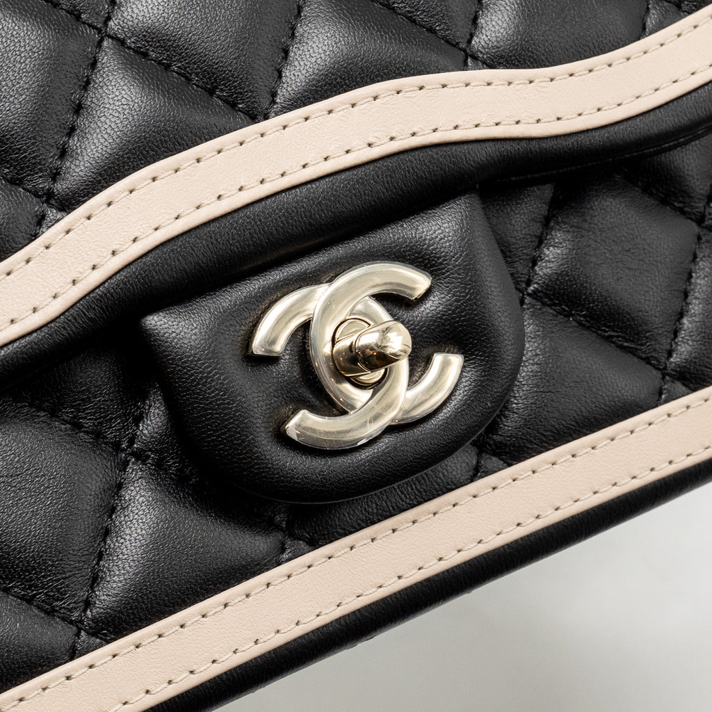 CHANEL 23B QUILTED MINI RECTANGULAR FLAP BAG LAMBSKIN BLACK/BEIGE LGHW (MICROCHIP)