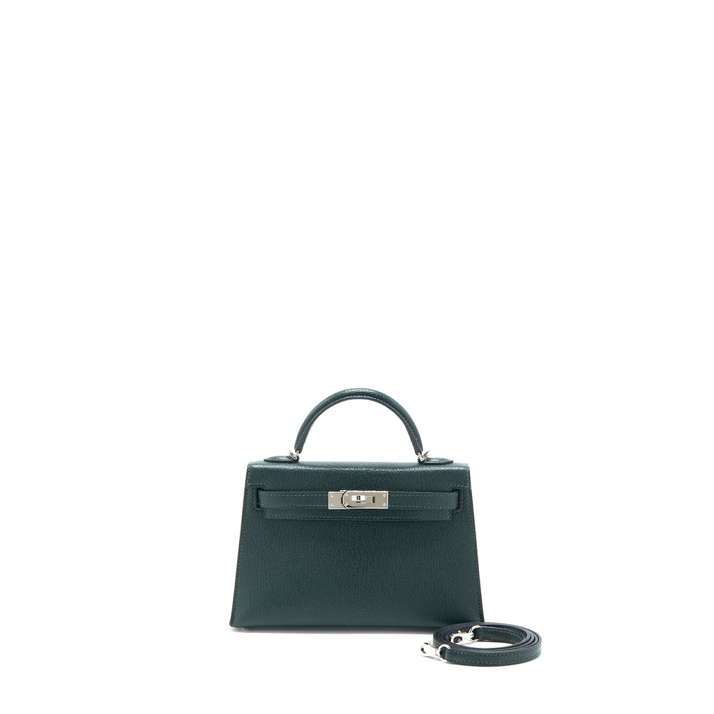 HERMES MINI KELLY II CHEVRE MYSORE VERT TITIEN/BLEU ATOLL SHW