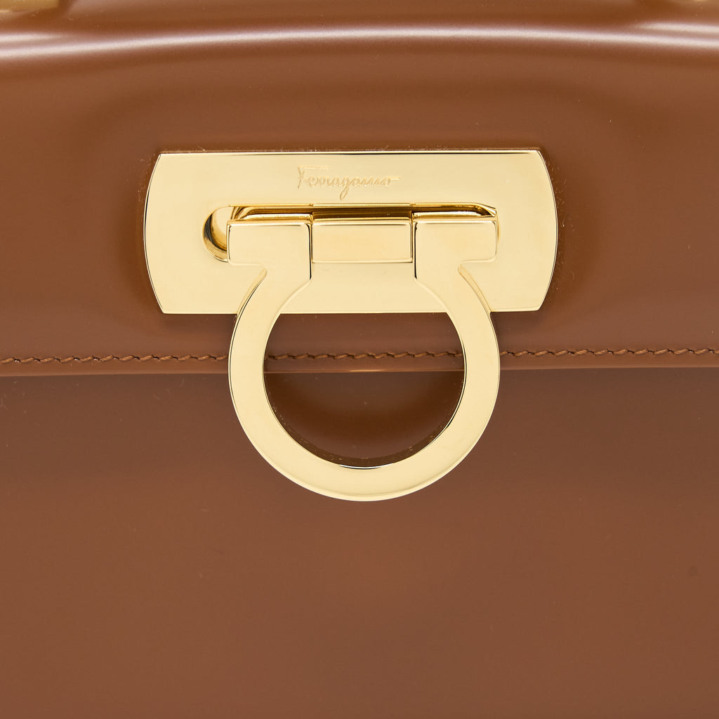 FERRAGAMO ICONIC TOP HANDLE BAG CALFSKIN CARAMEL GHW