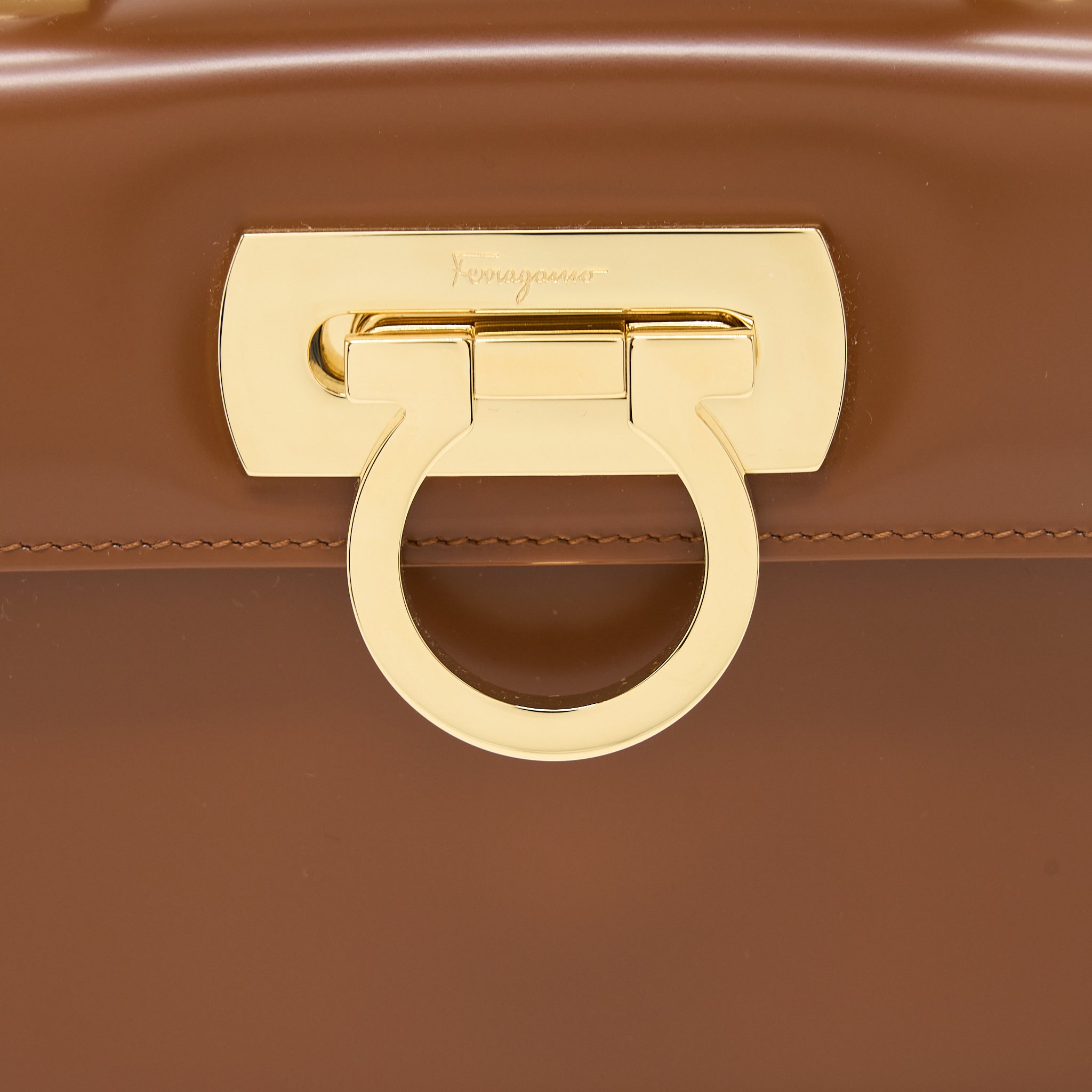 FERRAGAMO ICONIC TOP HANDLE BAG CALFSKIN CARAMEL GHW