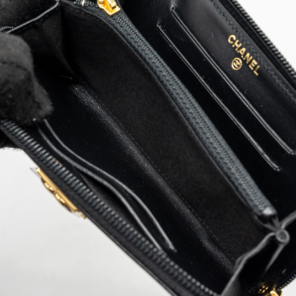 CHANEL BOY ZIPPER WALLET CHEVRON LAMBSKIN BLACK LGHW