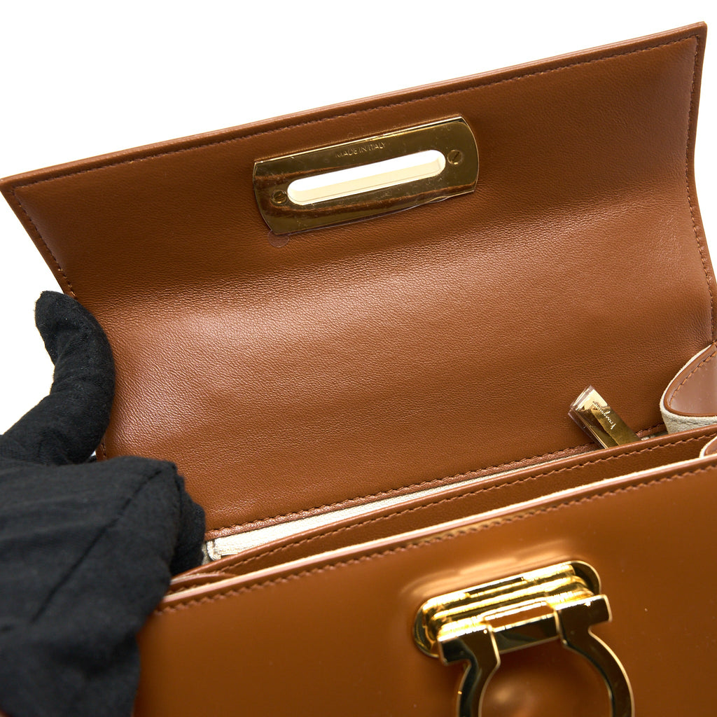 FERRAGAMO ICONIC TOP HANDLE BAG CALFSKIN CARAMEL GHW