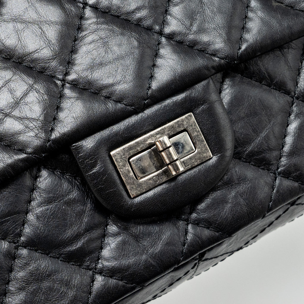 CHANEL LARGE 2.55 226 REISSUE DOUBLE FLAP BAG AGED CALFSKIN BLACK RUTHENIUM HARDWARE