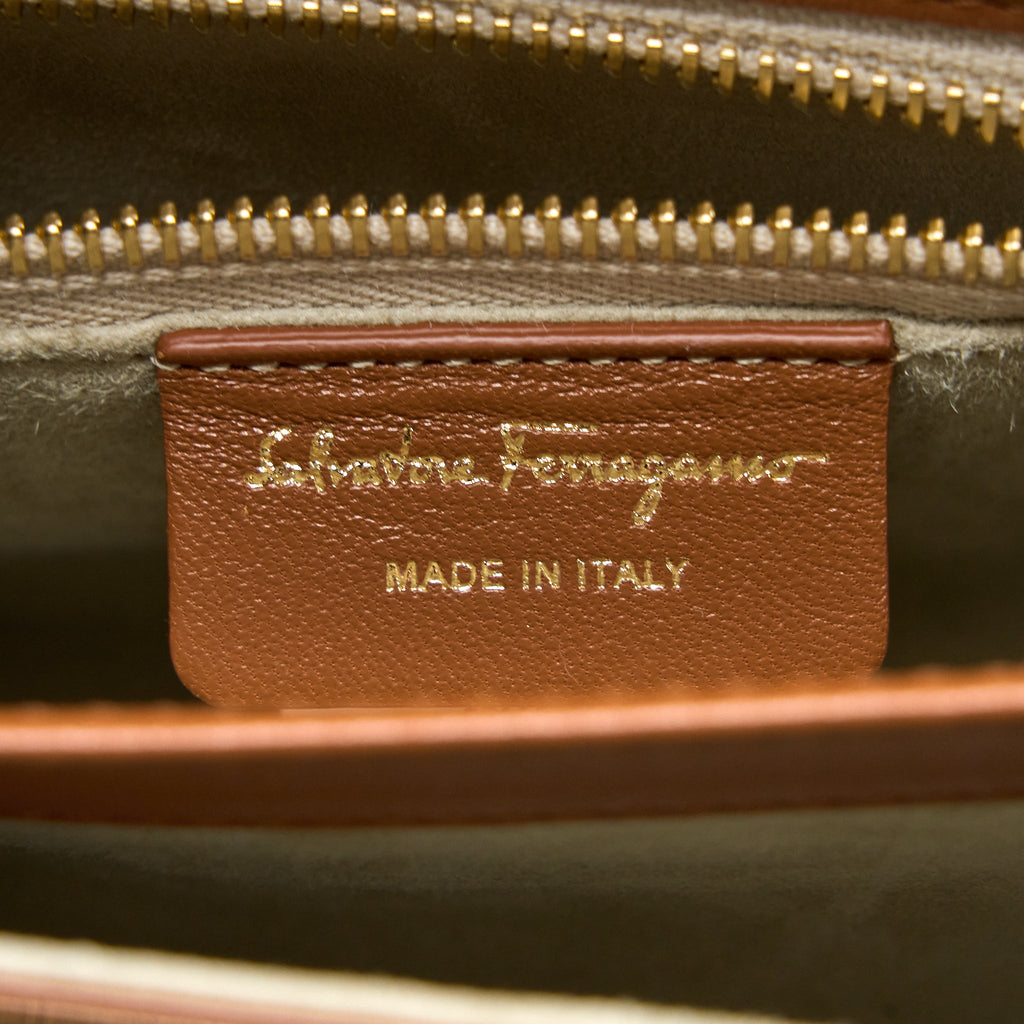 FERRAGAMO ICONIC TOP HANDLE BAG CALFSKIN CARAMEL GHW