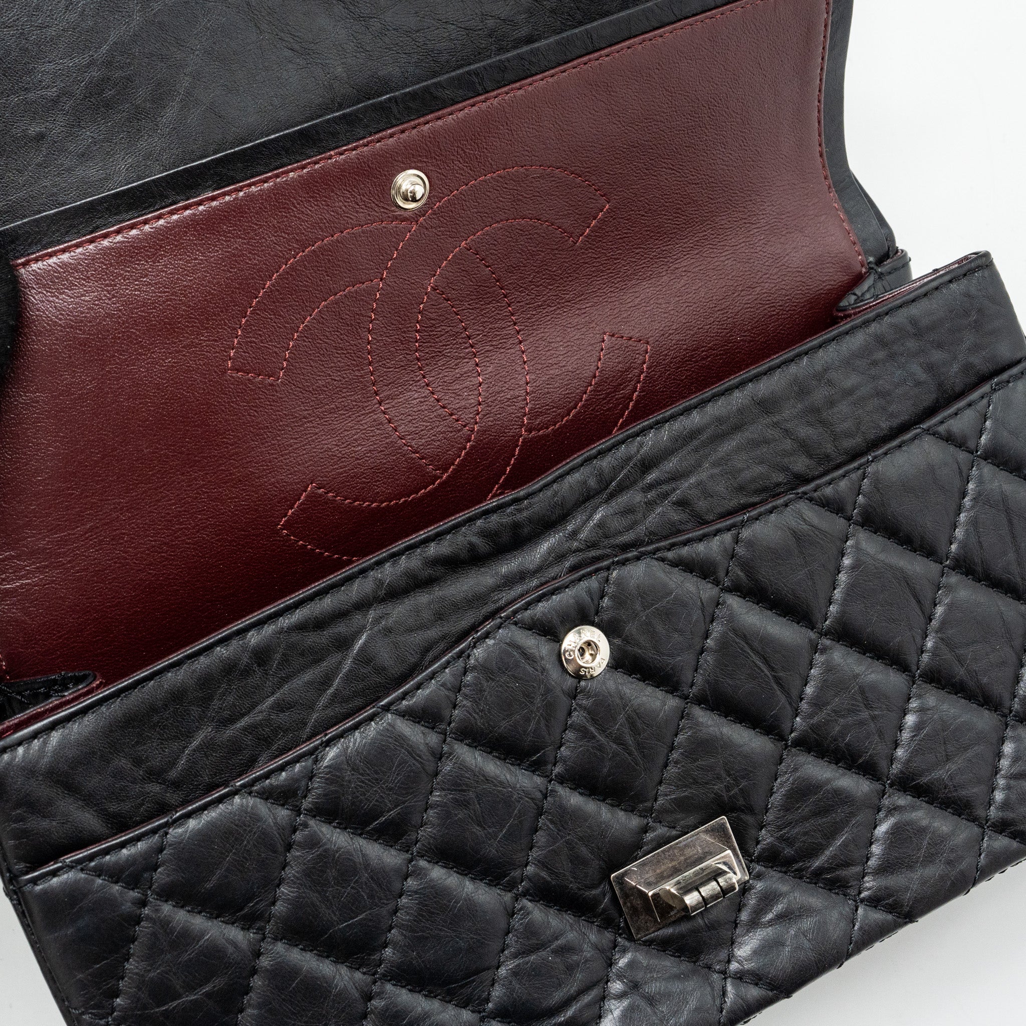 CHANEL LARGE 2.55 226 REISSUE DOUBLE FLAP BAG AGED CALFSKIN BLACK RUTHENIUM HARDWARE