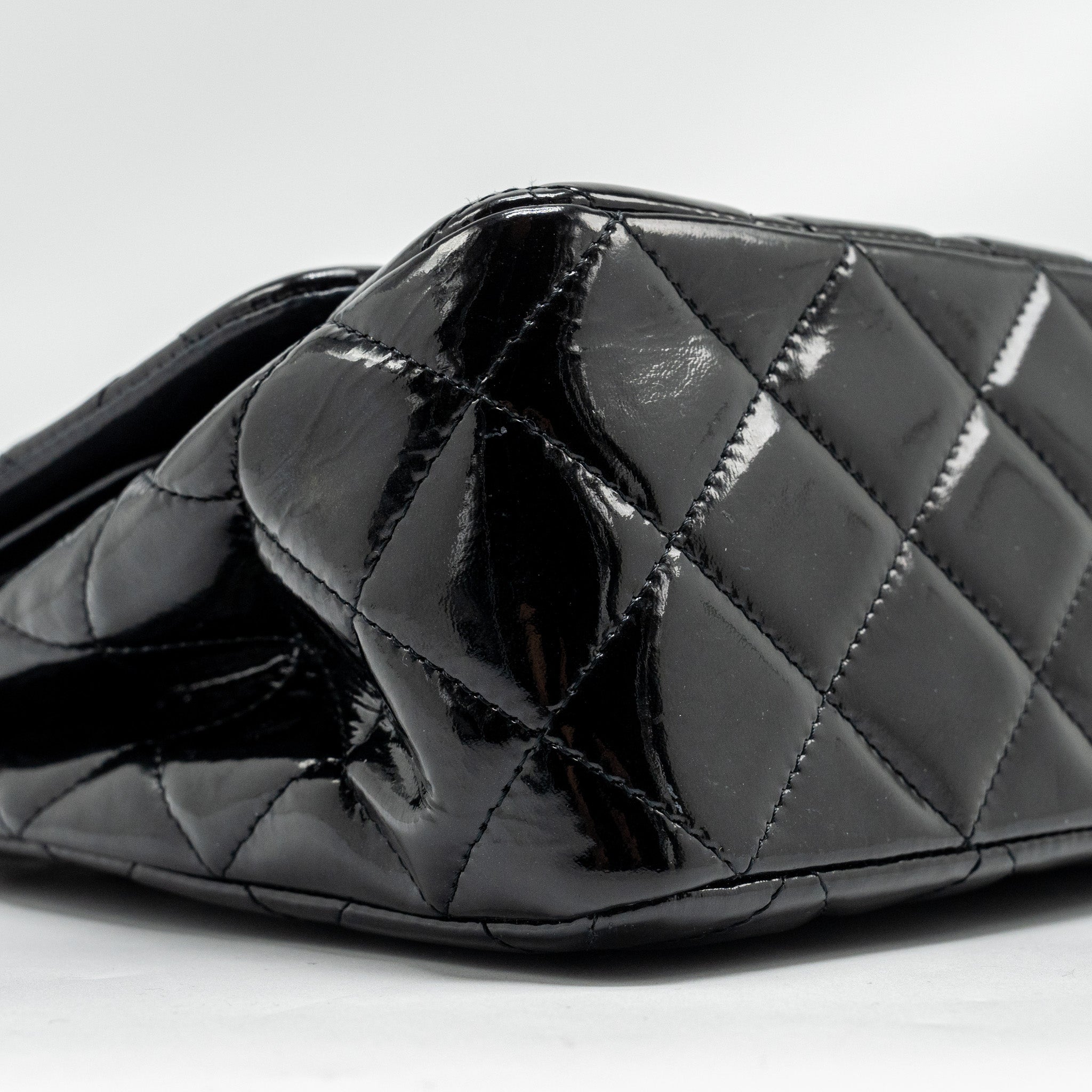 CHANEL JUMBO CLASSIC DOUBLE FLAP BAG PATENT BLACK SHW
