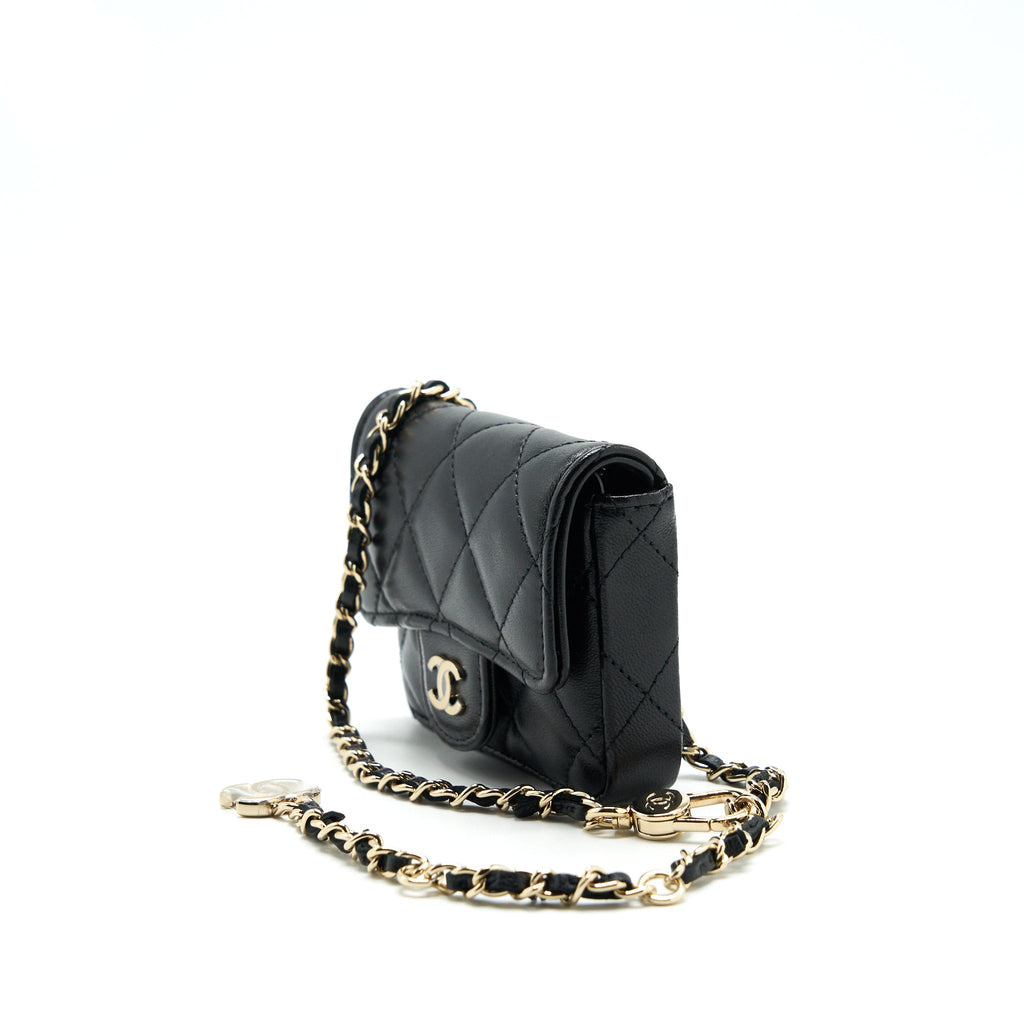 CHANEL FLAP CARD HOLDER BELT BAG WITH CHAIN LAMBSKIN BLACK LGHW