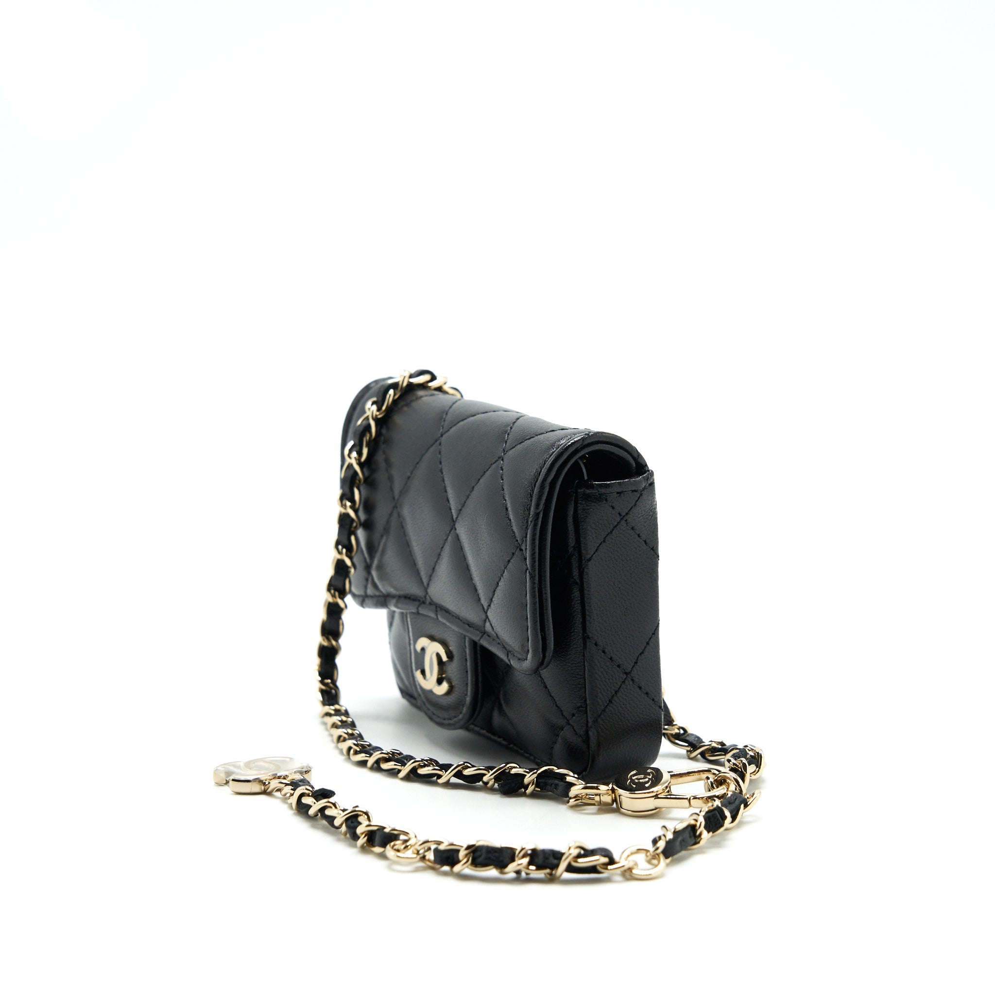 CHANEL FLAP CARD HOLDER BELT BAG WITH CHAIN LAMBSKIN BLACK LGHW