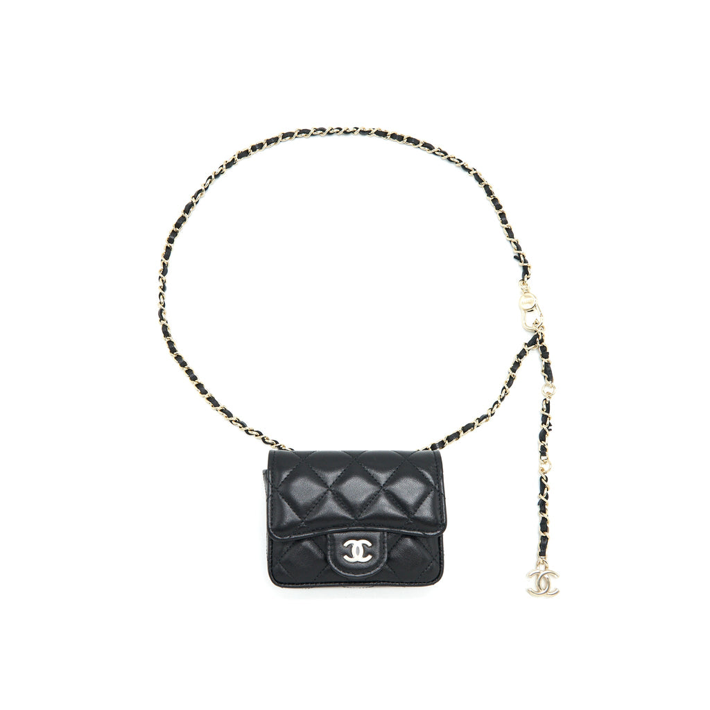 CHANEL FLAP CARD HOLDER BELT BAG WITH CHAIN LAMBSKIN BLACK LGHW