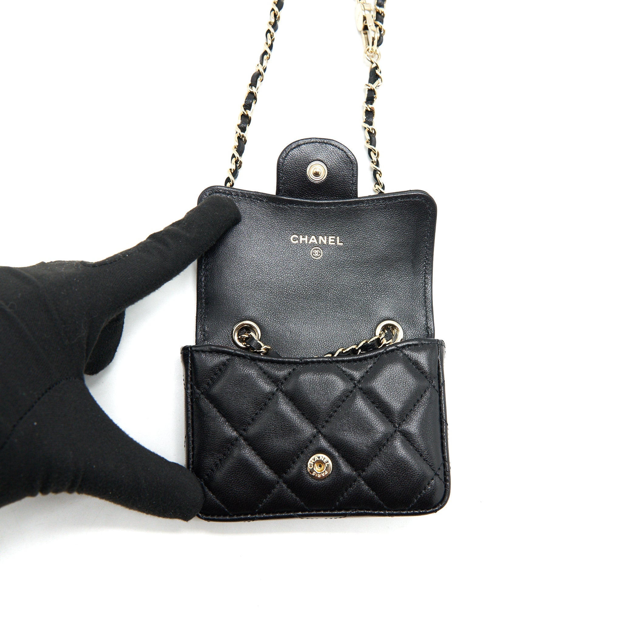 CHANEL FLAP CARD HOLDER BELT BAG WITH CHAIN LAMBSKIN BLACK LGHW