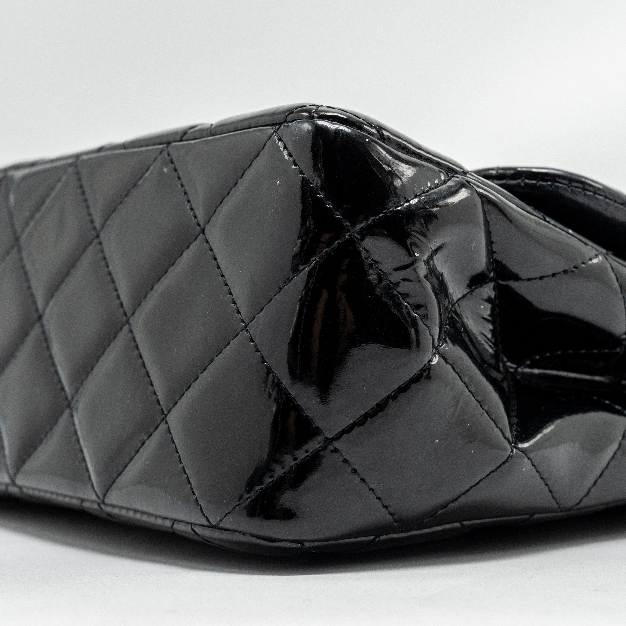 CHANEL JUMBO CLASSIC DOUBLE FLAP BAG PATENT BLACK SHW