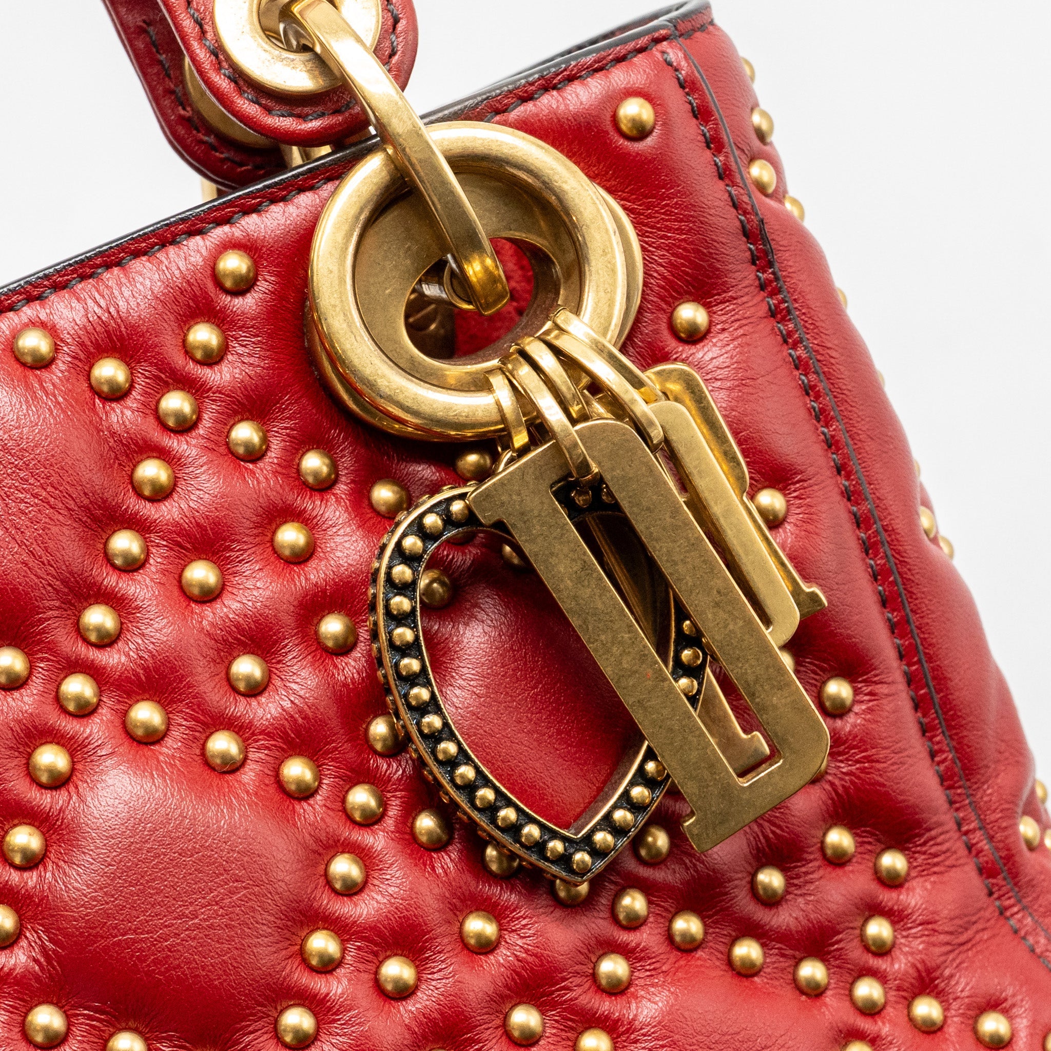 DIOR LOVE CHARM MINI LADY DIOR STUDDED LAMBSKIN RED GHW