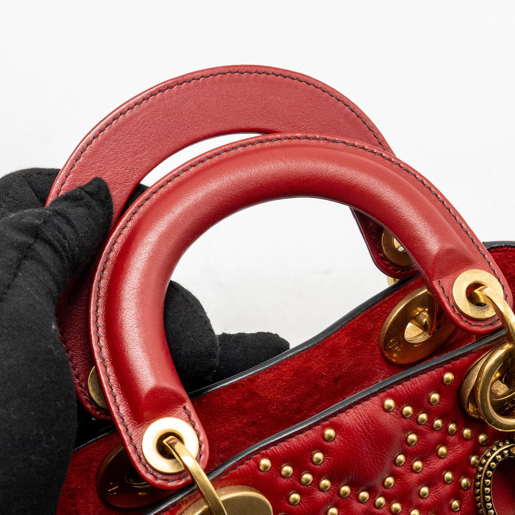 DIOR LOVE CHARM MINI LADY DIOR STUDDED LAMBSKIN RED GHW