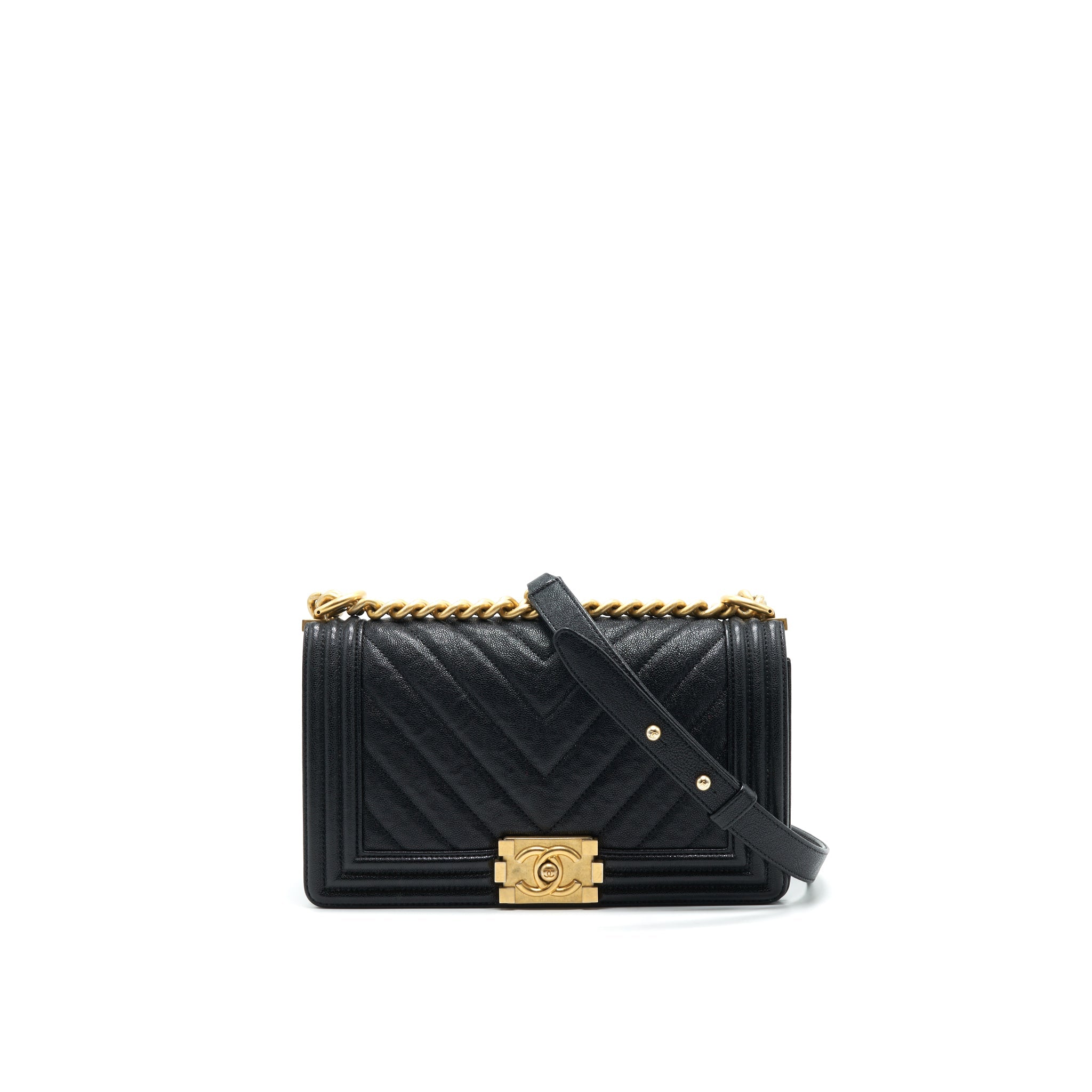 CHANEL CHEVRON MEDIUM BOY CHANEL HANDBAG CAVIAR BLACK GHW