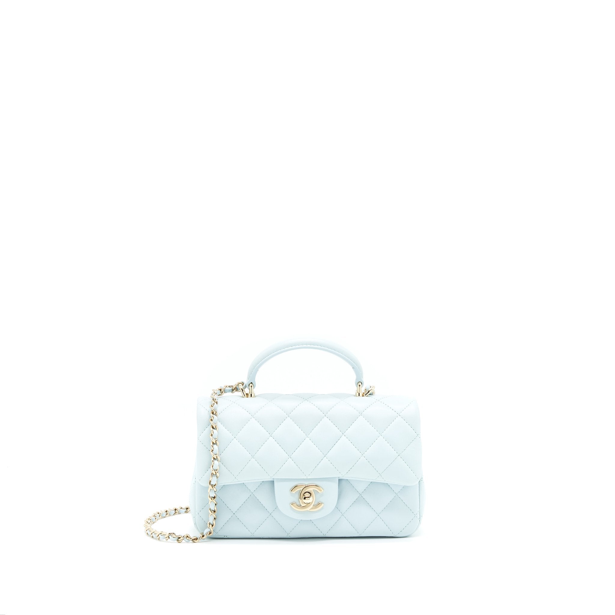 CHANEL 21K MINI TOP HANDLE RECTANGULAR FLAP BAG PASTEL BLUE LGHW