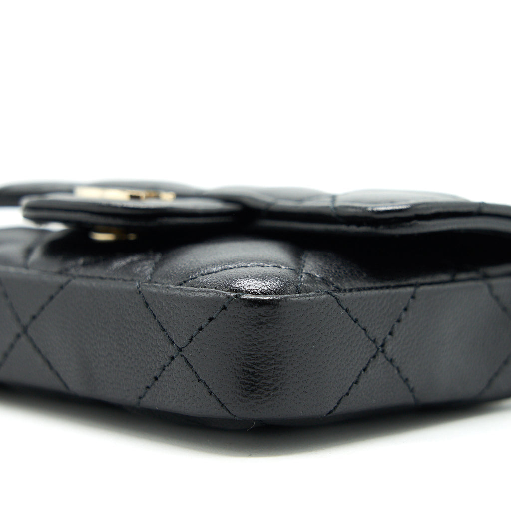 CHANEL FLAP CARD HOLDER BELT BAG WITH CHAIN LAMBSKIN BLACK LGHW