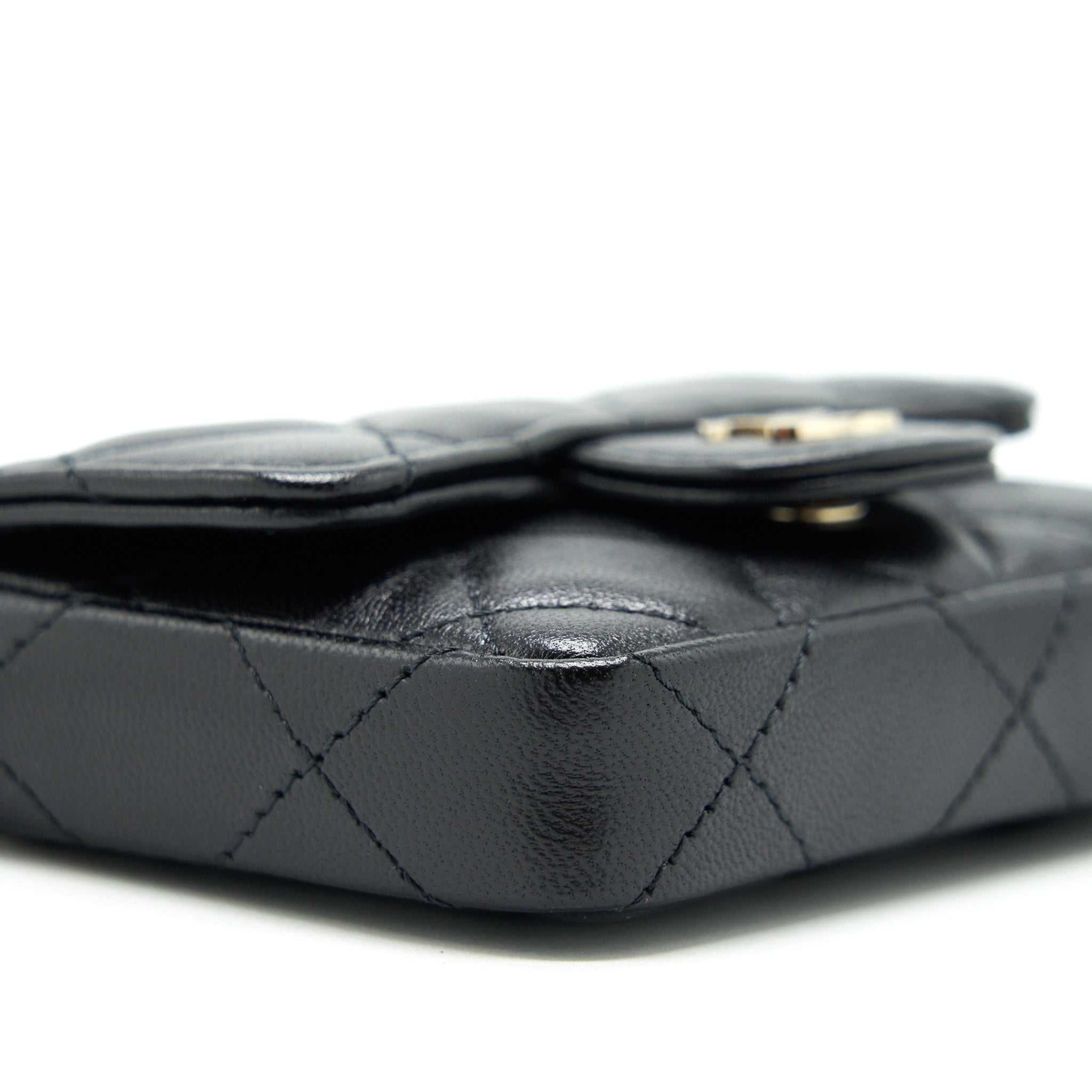 CHANEL FLAP CARD HOLDER BELT BAG WITH CHAIN LAMBSKIN BLACK LGHW