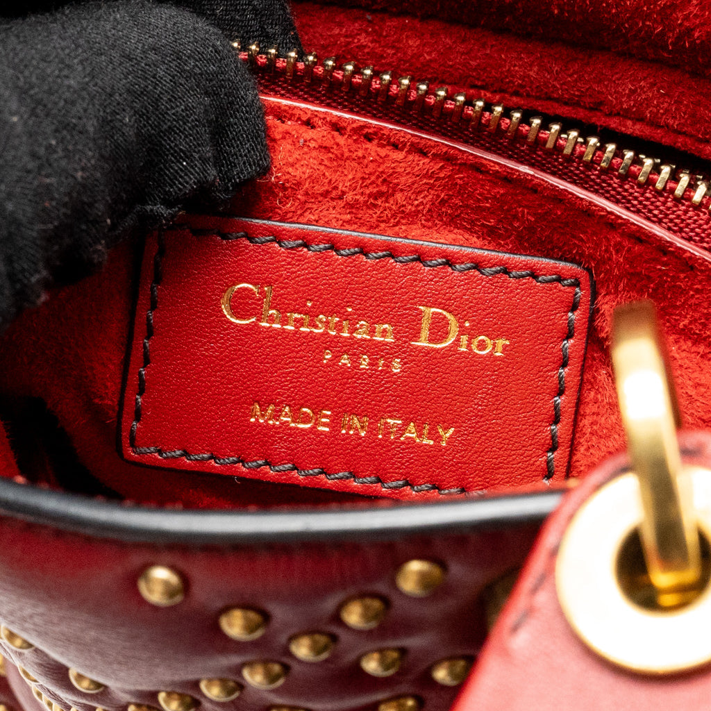 DIOR LOVE CHARM MINI LADY DIOR STUDDED LAMBSKIN RED GHW