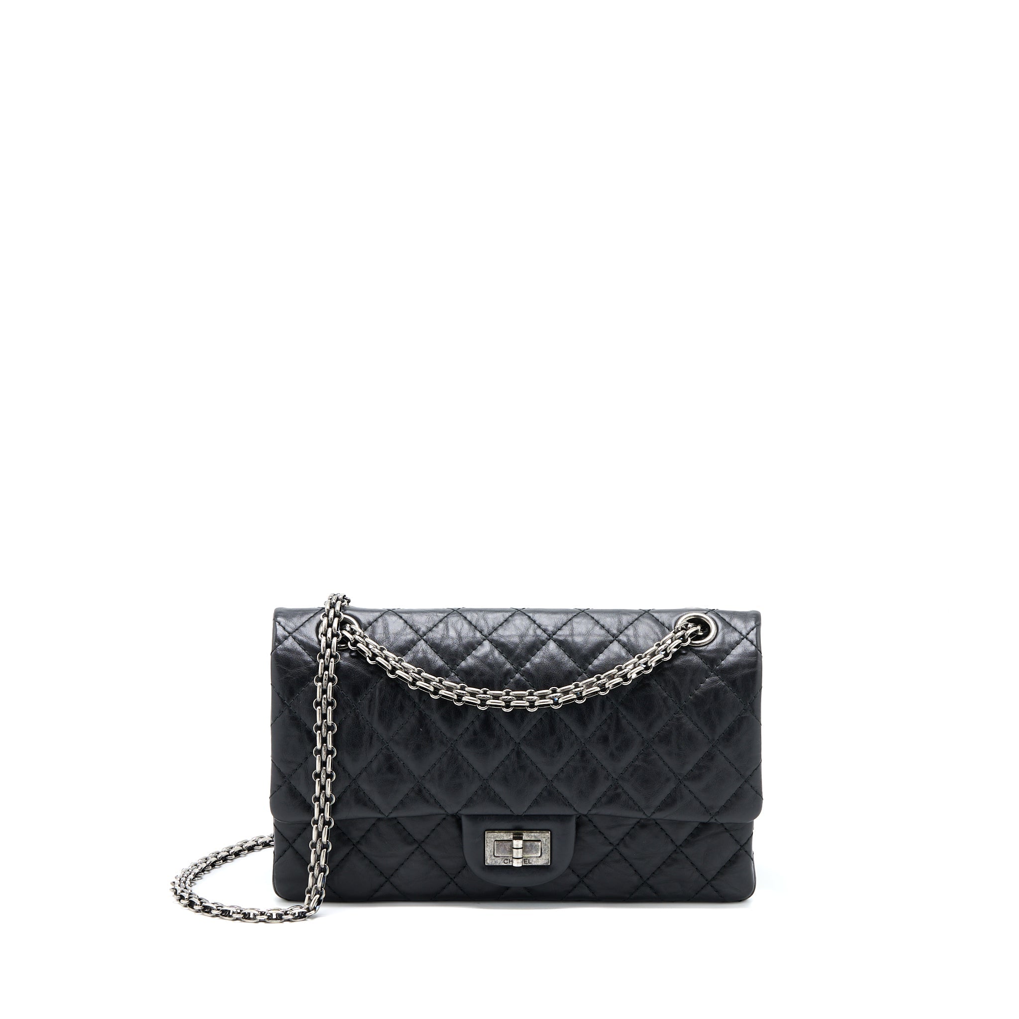 CHANEL SMALL 2.55 255 DOUBLE FLAP BAG CALFSKIN BLACK RUTHENIUM SHW