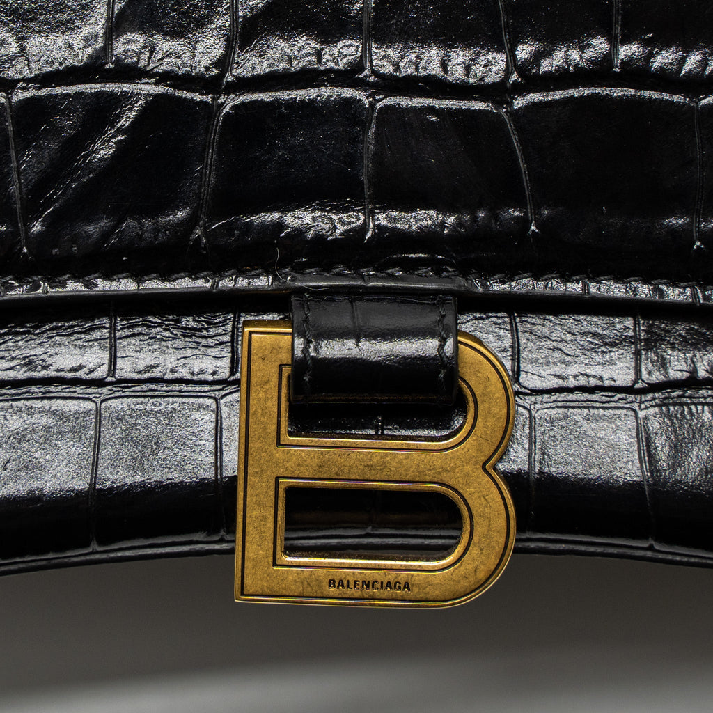 BALENCIAGA SMALL HOURGLASS BAG CROC-EMBOSSED CALFSKIN BLACK GHW