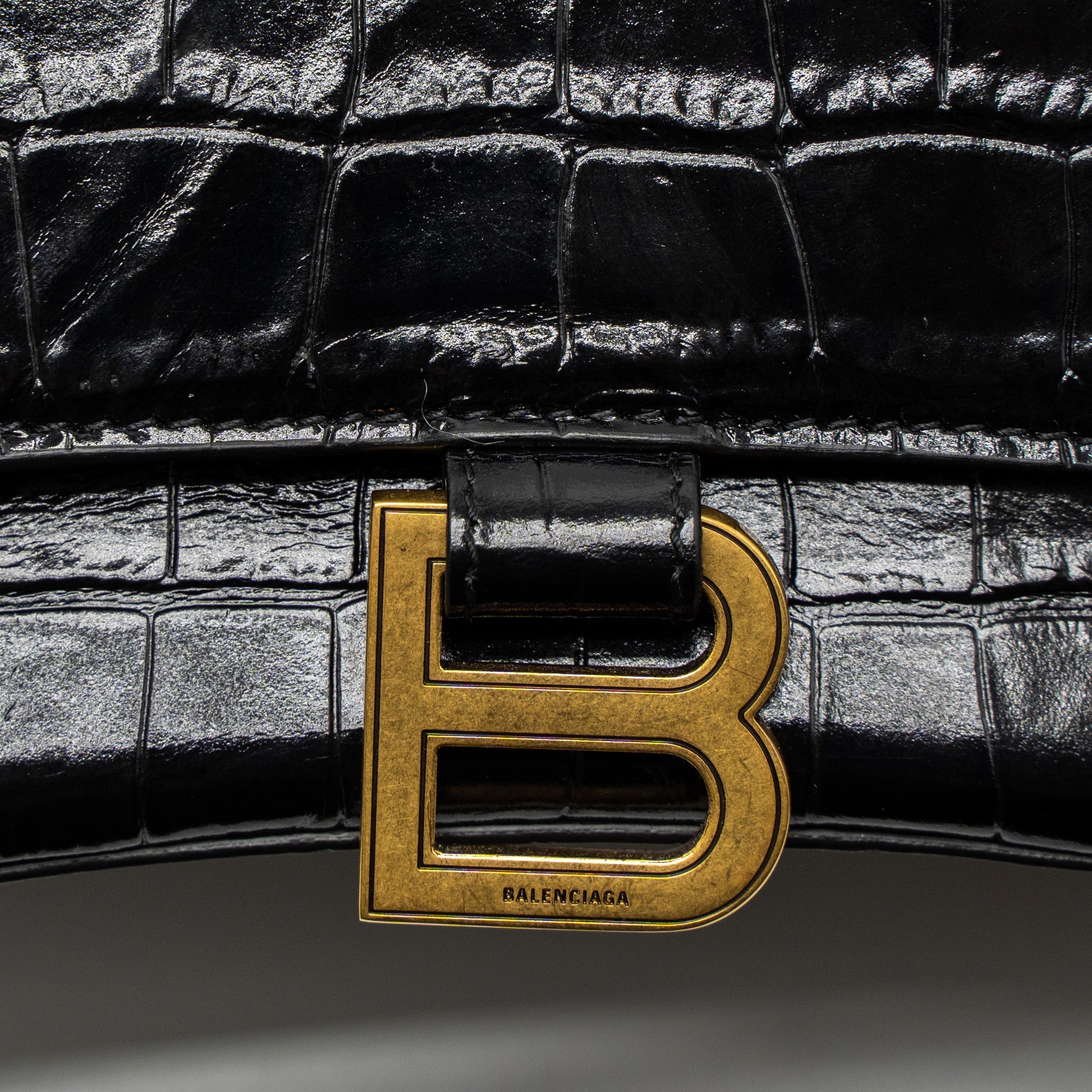 BALENCIAGA SMALL HOURGLASS BAG CROC-EMBOSSED CALFSKIN BLACK GHW