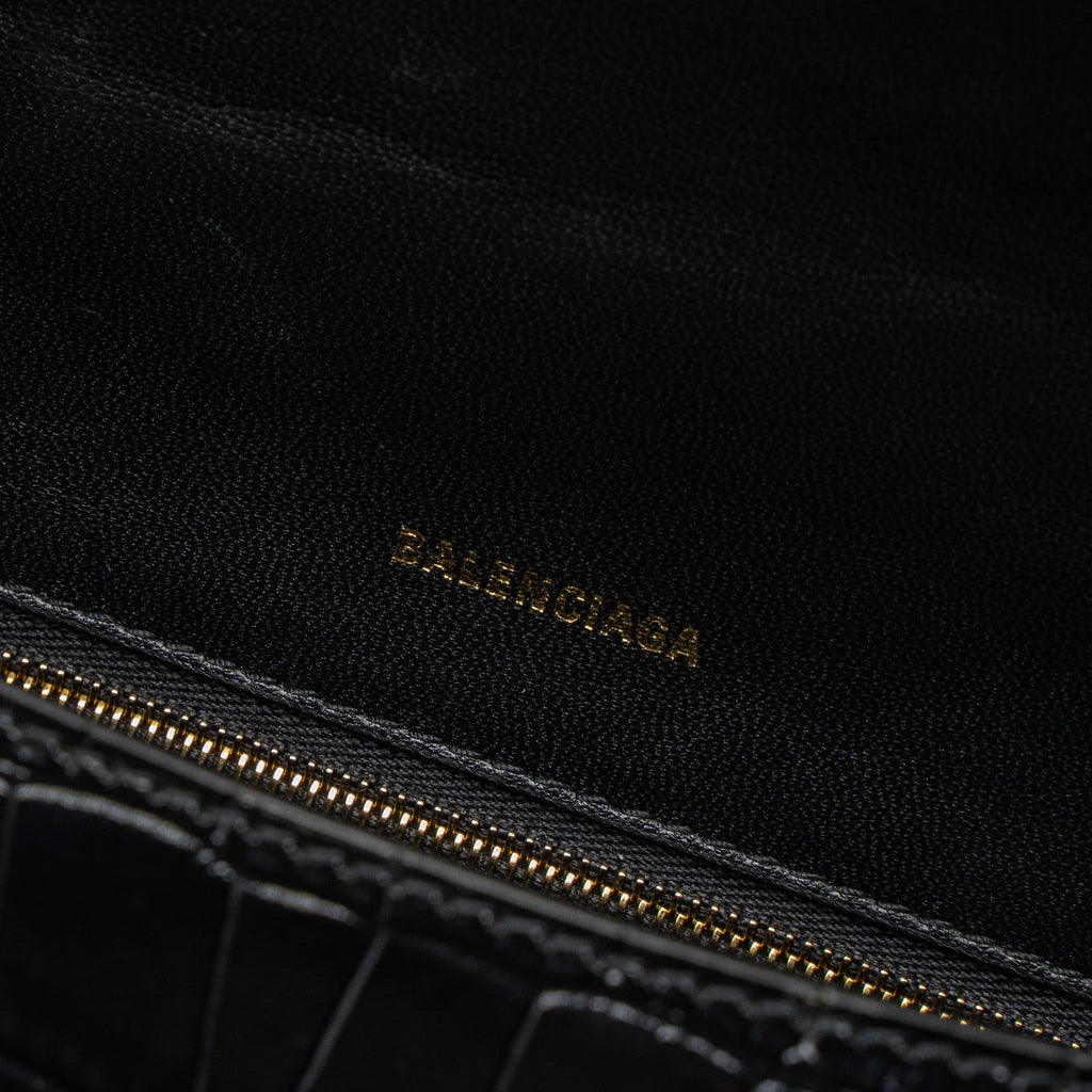 BALENCIAGA SMALL HOURGLASS BAG CROC-EMBOSSED CALFSKIN BLACK GHW