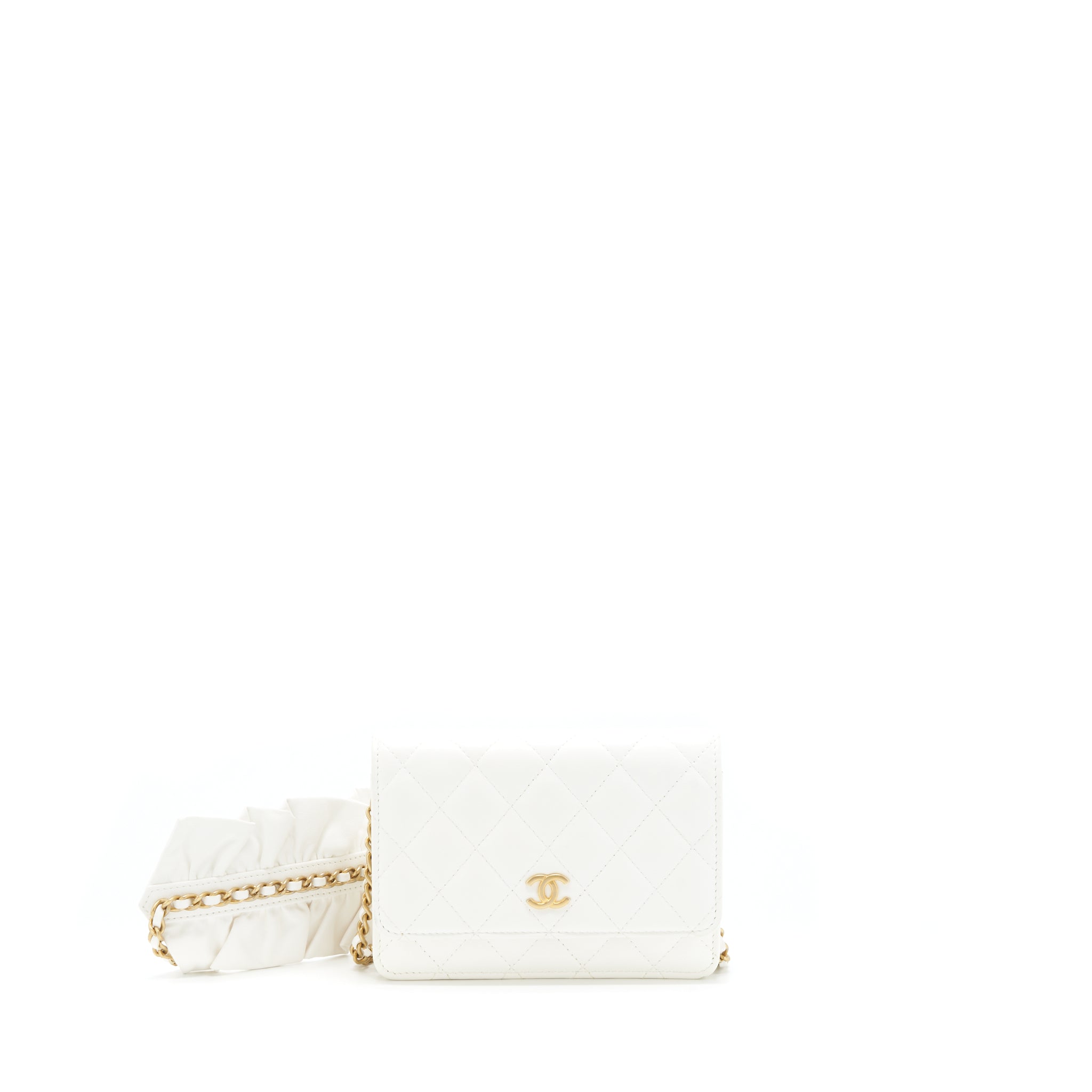 CHANEL SMALL WALLET ON CHAIN WITH RIBBON CHAIN LAMBSKIN WHITE GHW