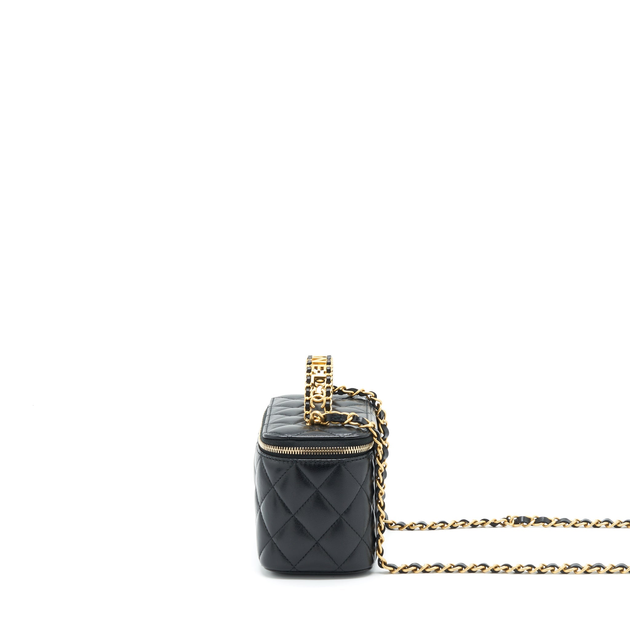 CHANEL 22S LETTER TOP HANDLE LONG VANITY WITH CHAIN LAMBSKIN BLACK GHW