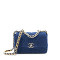 CHANEL 22P SMALL 19 BAG DENIM BLUE WITH GOLD AND SILVER HARDWARE