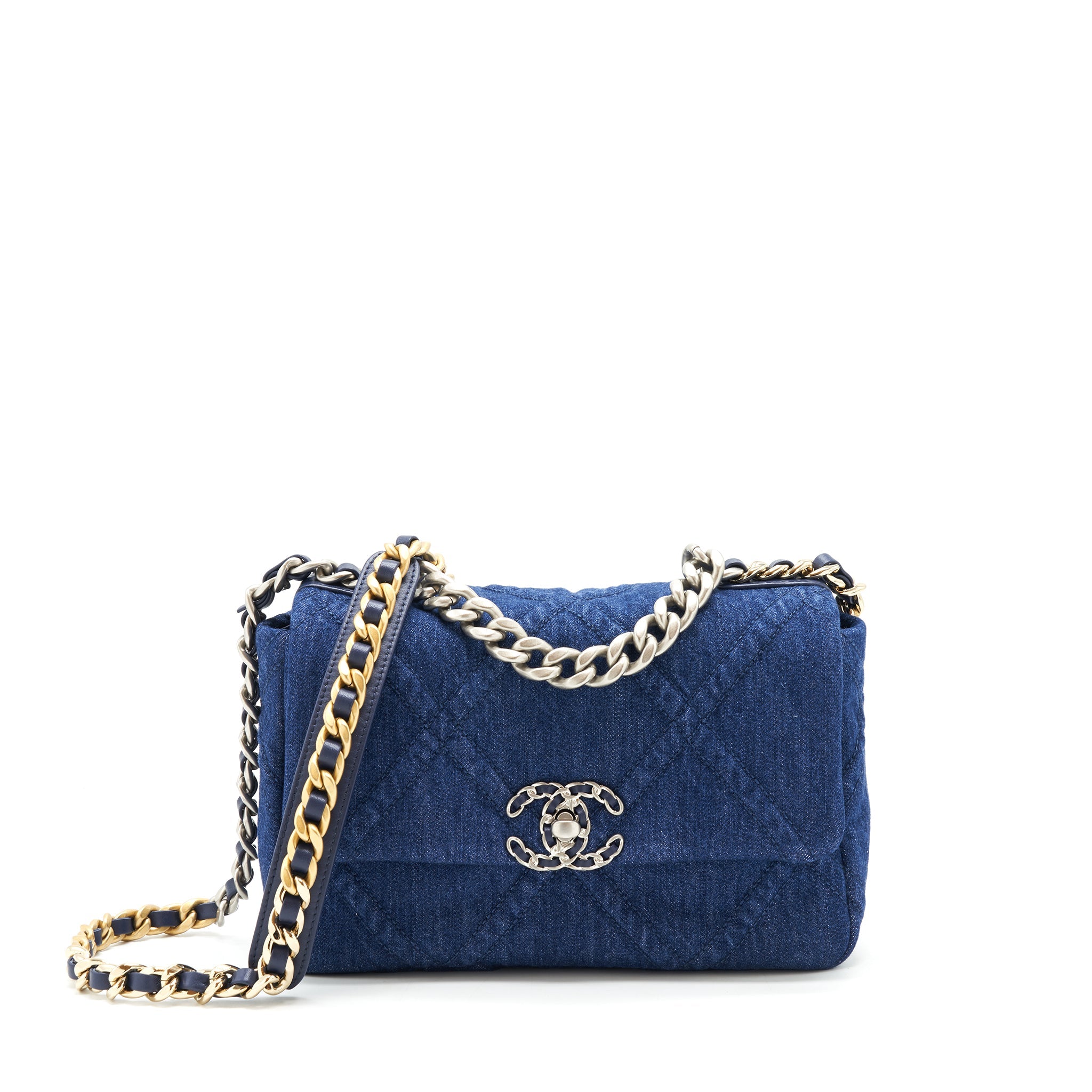 CHANEL 22P SMALL 19 BAG DENIM BLUE WITH GOLD AND SILVER HARDWARE