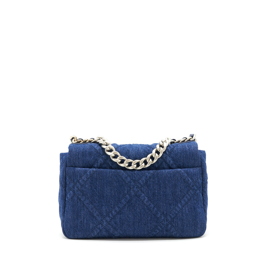 CHANEL 22P SMALL 19 BAG DENIM BLUE WITH GOLD AND SILVER HARDWARE