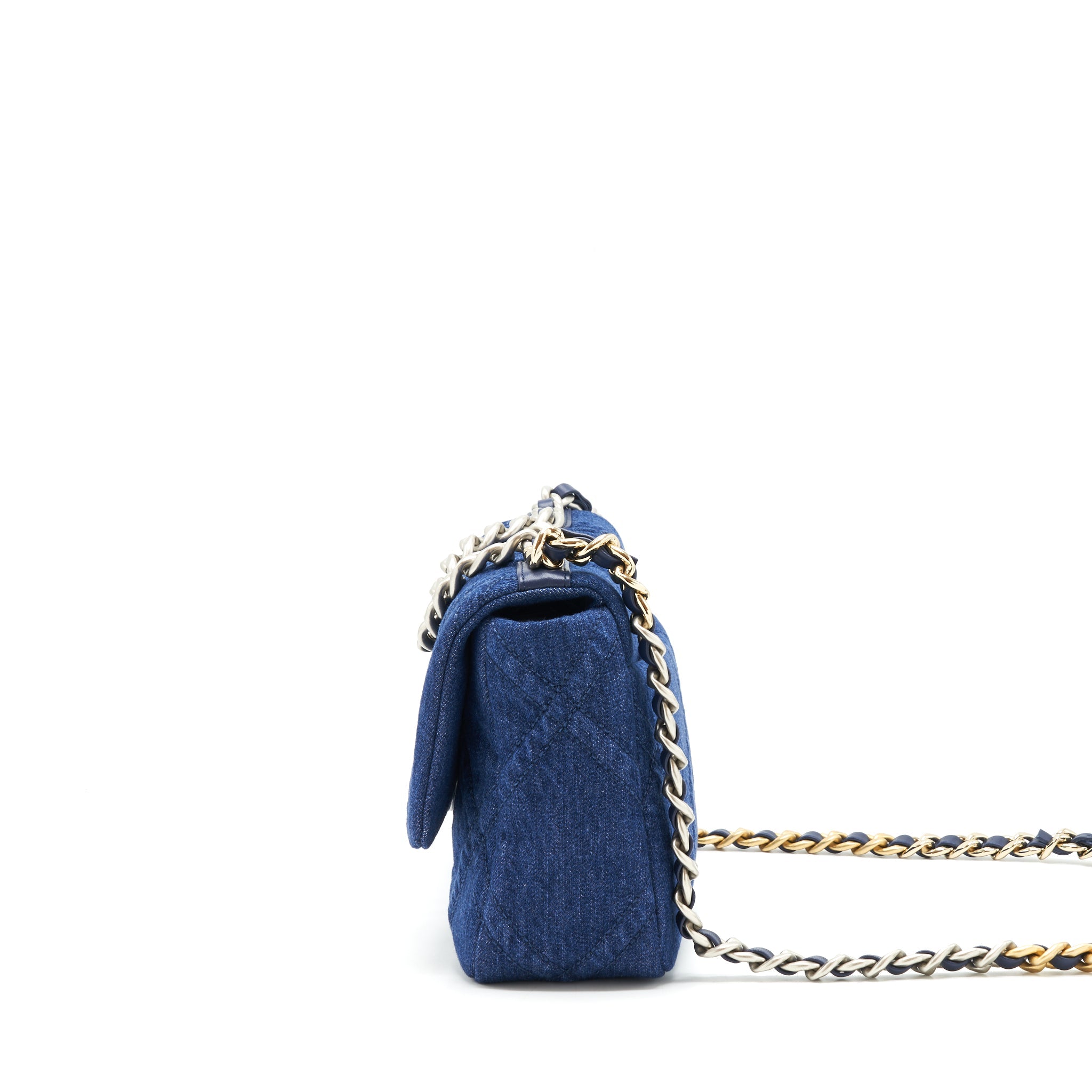 CHANEL 22P SMALL 19 BAG DENIM BLUE WITH GOLD AND SILVER HARDWARE