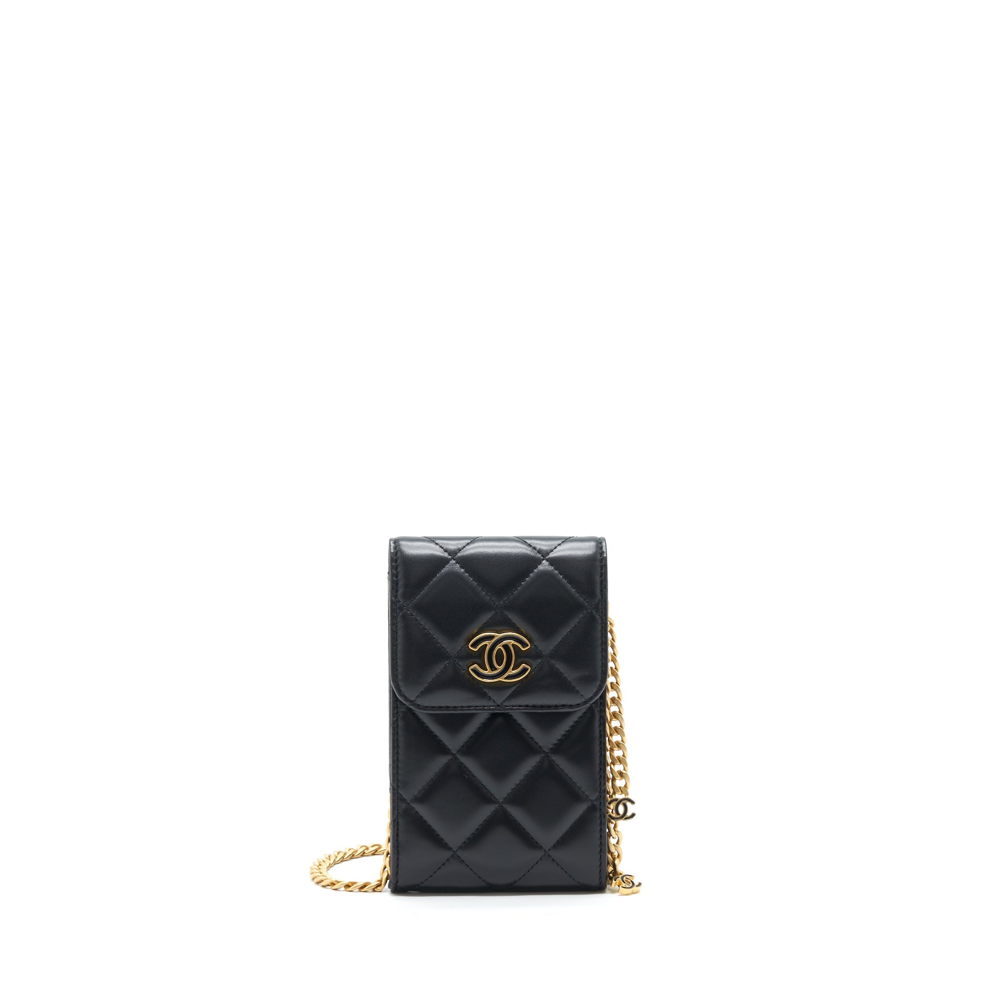CHANEL 22P VERTICAL MINI FLAP PHONE CASE LAMBSKIN BLACK WITH ENAMEL AND GOLD HARDWARE