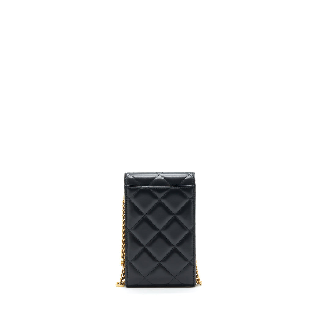 CHANEL 22P VERTICAL MINI FLAP PHONE CASE LAMBSKIN BLACK WITH ENAMEL AND GOLD HARDWARE