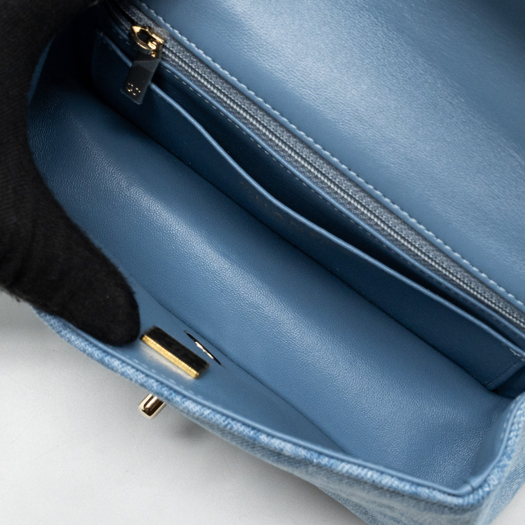 CHANEL 22B MINI RECTANGULAR FLAP BAG DENIM LIGHT BLUE LGHW (MICROCHIP)