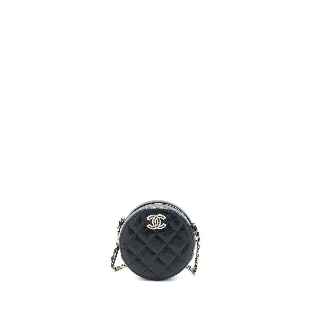 CHANEL CRYSTAL CC LOGO ROUND CLUTCH WITH CHAIN CAVIAR BLACK LGHW