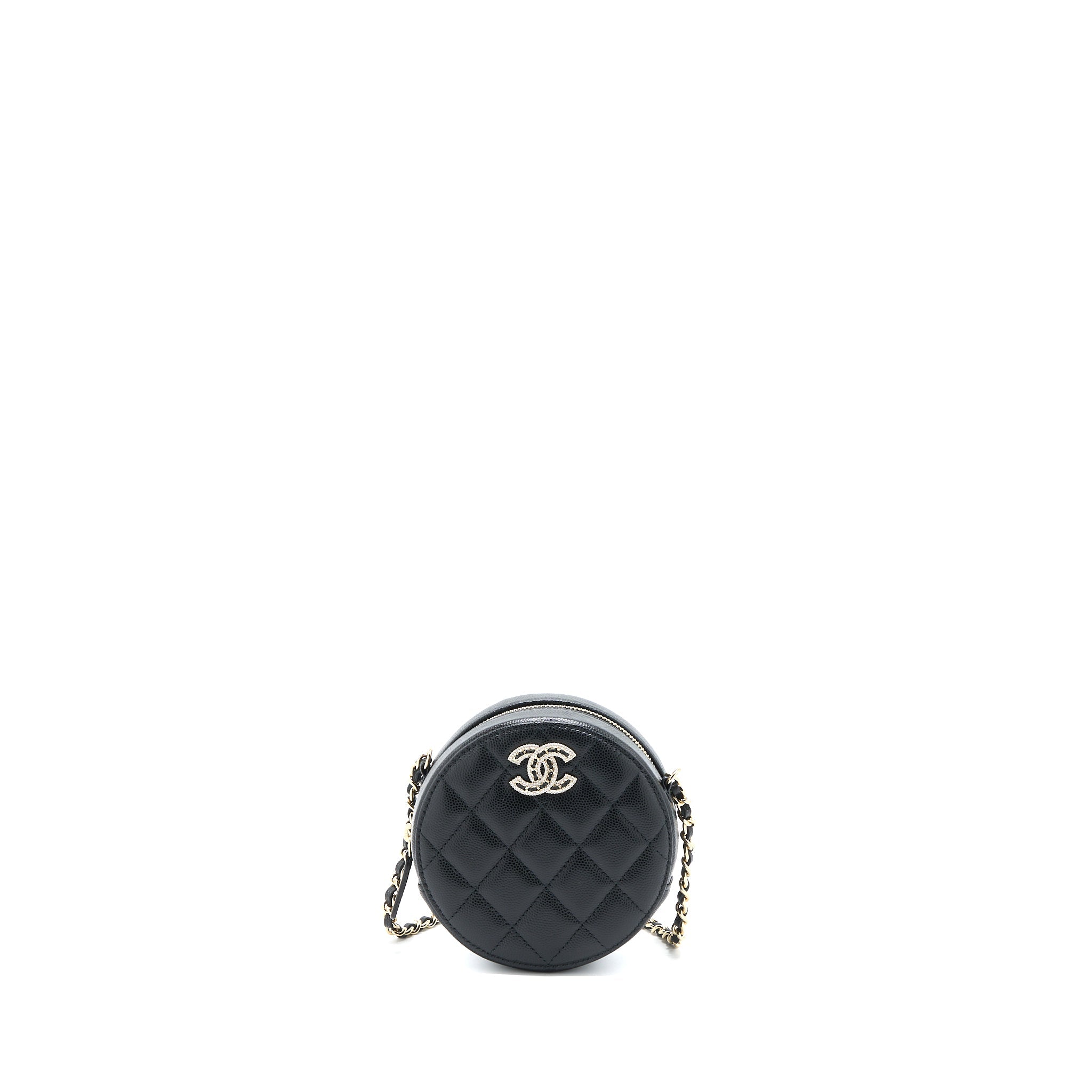 CHANEL CRYSTAL CC LOGO ROUND CLUTCH WITH CHAIN CAVIAR BLACK LGHW