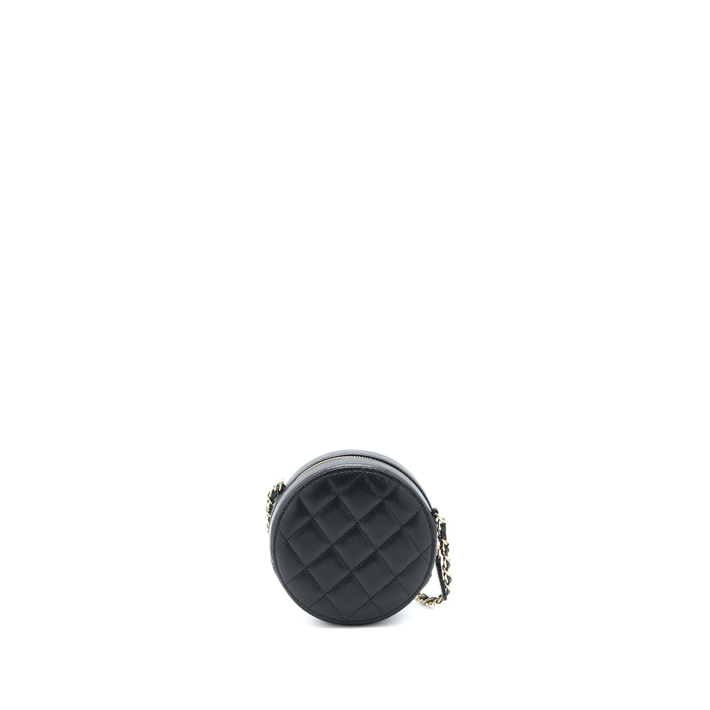 CHANEL CRYSTAL CC LOGO ROUND CLUTCH WITH CHAIN CAVIAR BLACK LGHW
