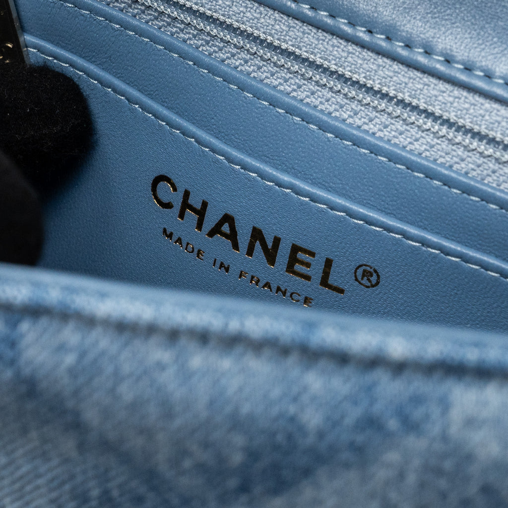 CHANEL 22B MINI RECTANGULAR FLAP BAG DENIM LIGHT BLUE LGHW (MICROCHIP)