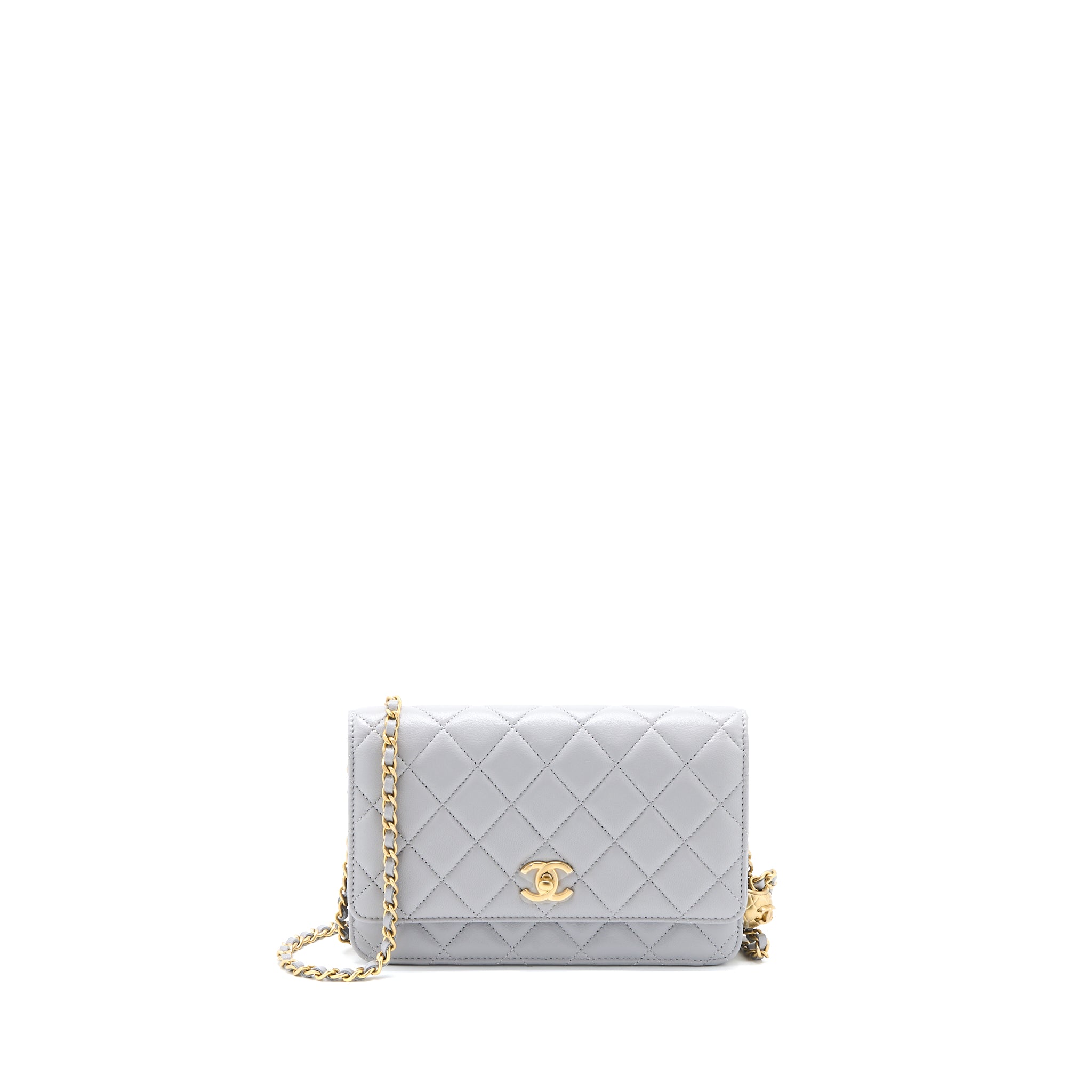 CHANEL PEARL CRUSH WALLET ON CHAIN LAMBSKIN LIGHT GREY GHW (MICROCHIP)