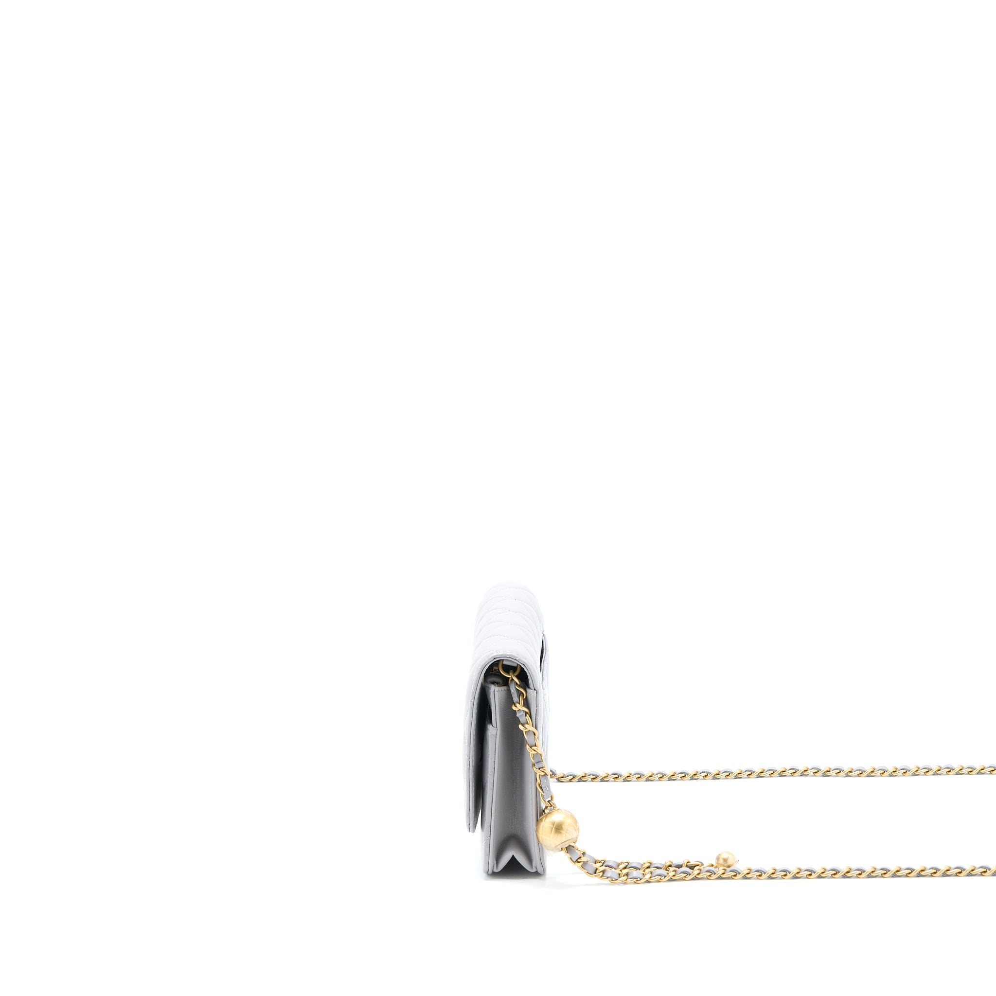 CHANEL PEARL CRUSH WALLET ON CHAIN LAMBSKIN LIGHT GREY GHW (MICROCHIP)